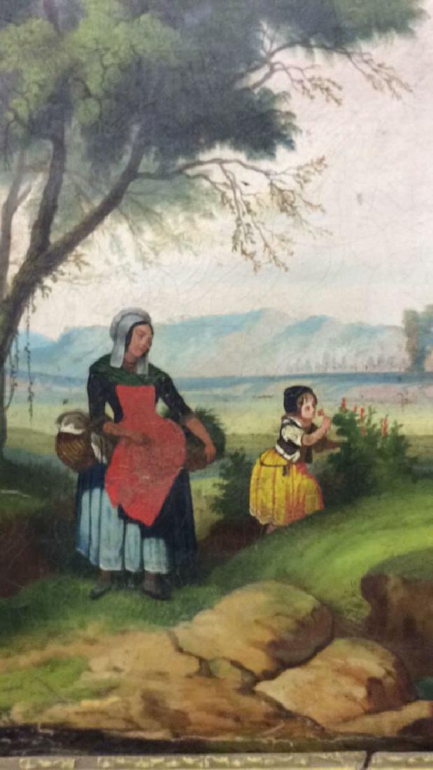 Vintage Yellow Toned Mirror With Painting: Vintage possibly Antique Mirror and Painting, Yellow toned Carved Frame, vintage mirror with traditional artwork depicting a mother and her child in the valley gathering items in their baskets. Contai