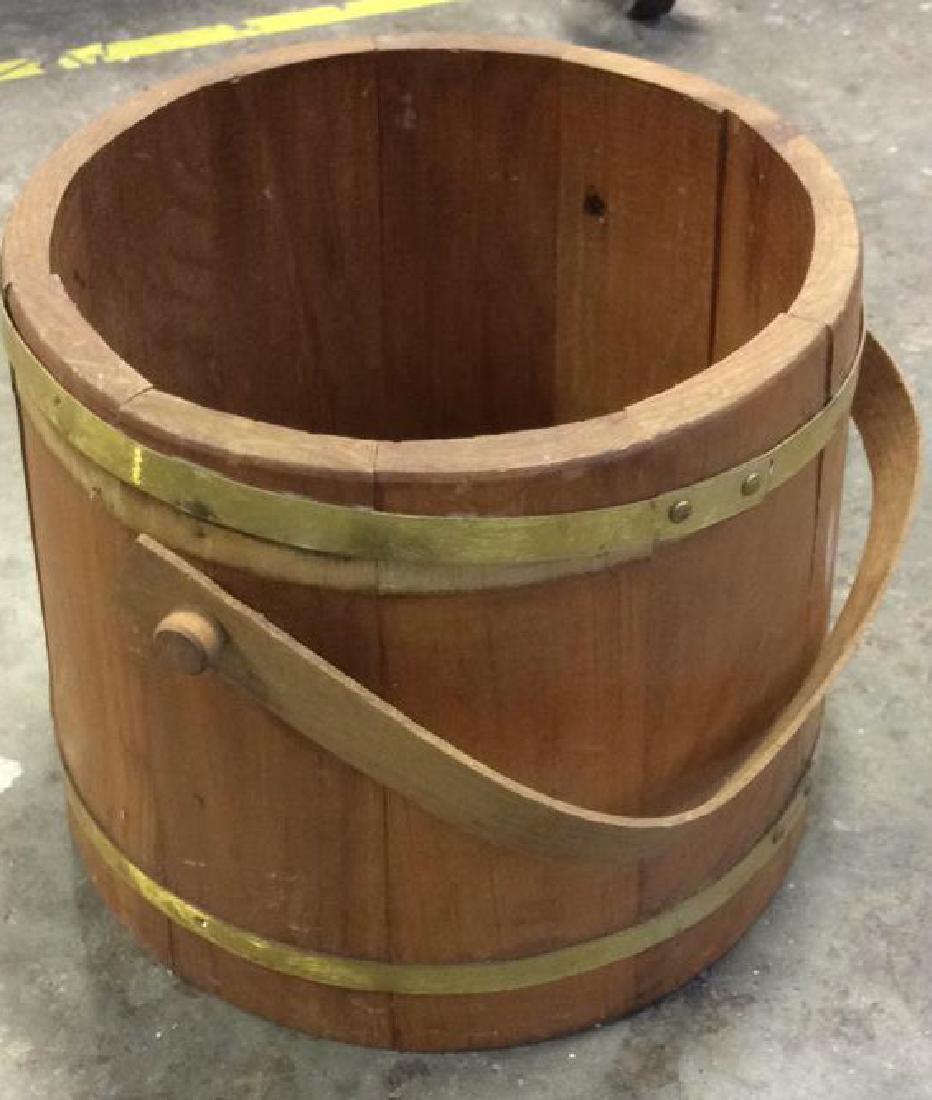 Antique Wood Pail Brass Banding: wood bucket, wood pail, handled bucket, up cycle planter, decorative country accessory, measures ht app 8.5 inches base diameter app 12 inches, tapered form, country collectible