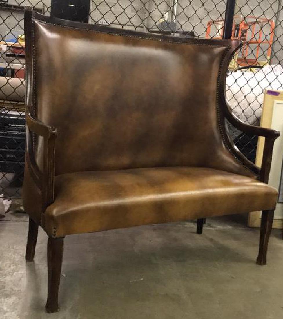Brown Toned Wooden Leather Upholstered Settee (1 of 10)