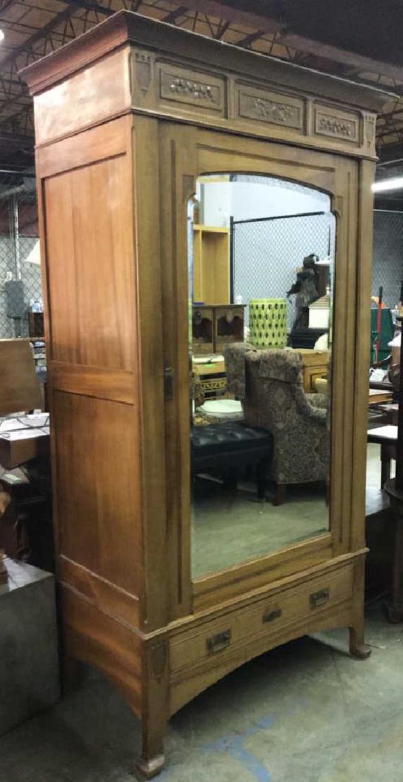 Antique Carved Llight Wood Armoire Mirrored Door (1 of 10)