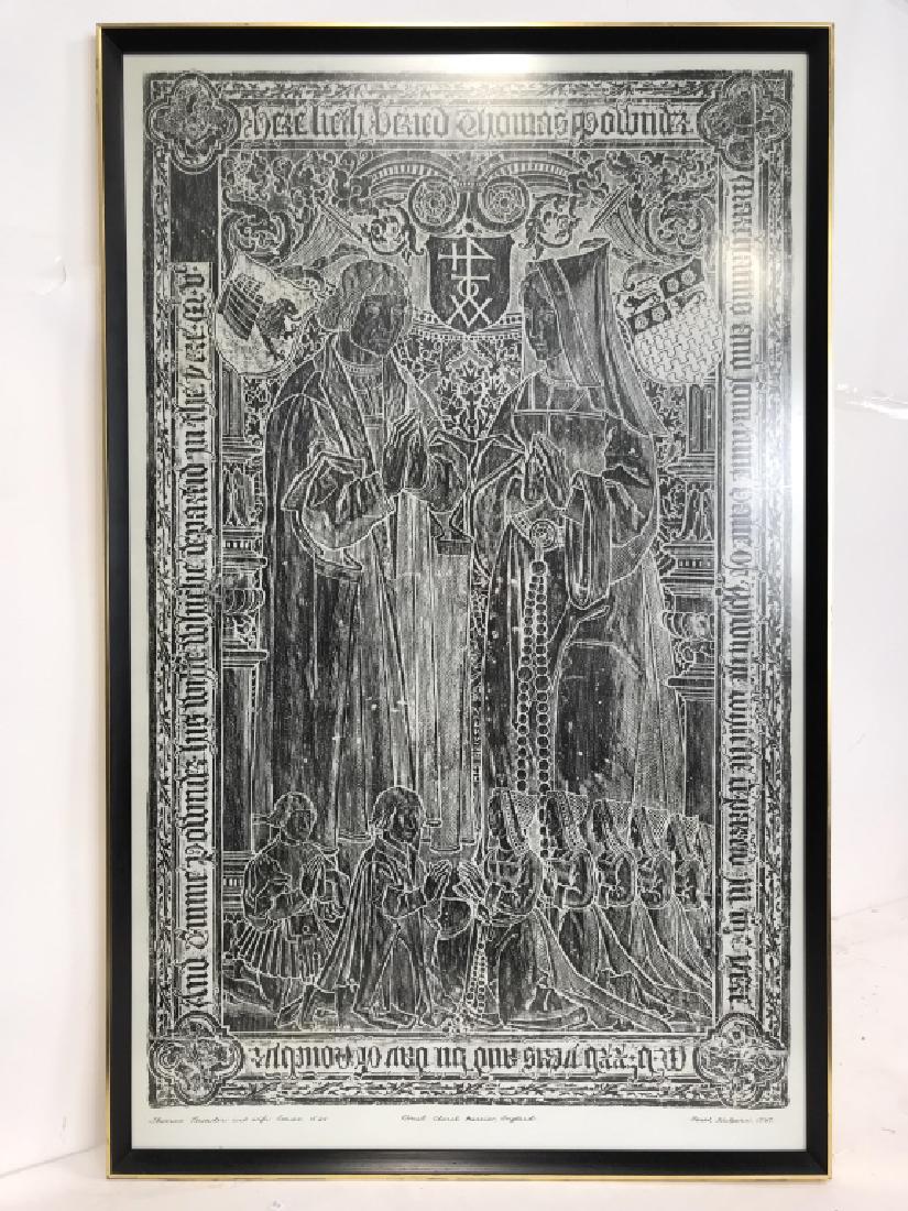 CAROL HALPERN 1967 Rubbing Artwork: Lower area oh piece reads “Thomas Pownder and Wife Emma 1525, Chest Church Mansion England, Carol Halpern 1967. Appears to be a charcoal rubbing. Contains intricate detail. Contains black and gold t