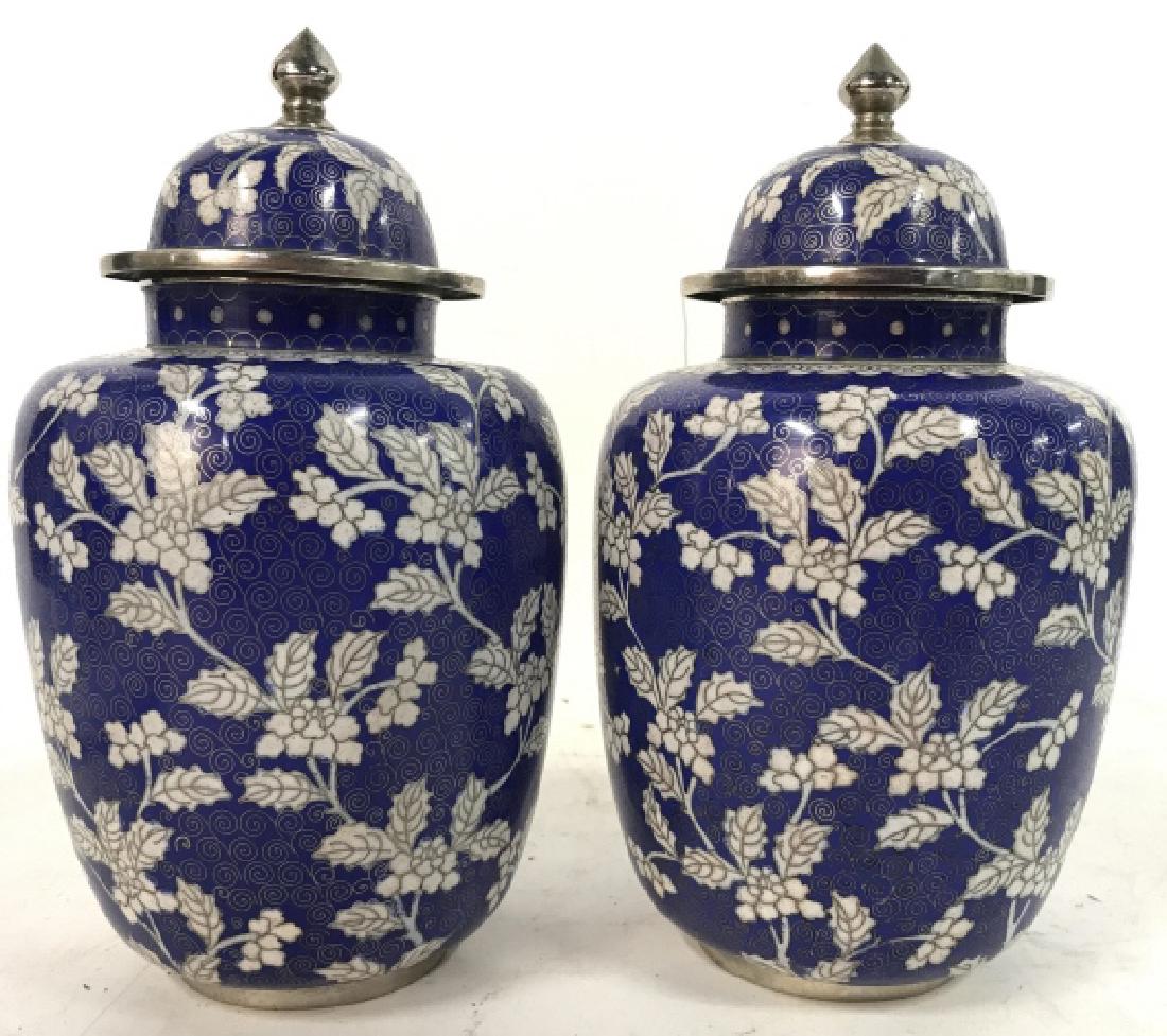 Pair Blue Toned Cloisonne Ginger Jars W Lids (1 of 10)