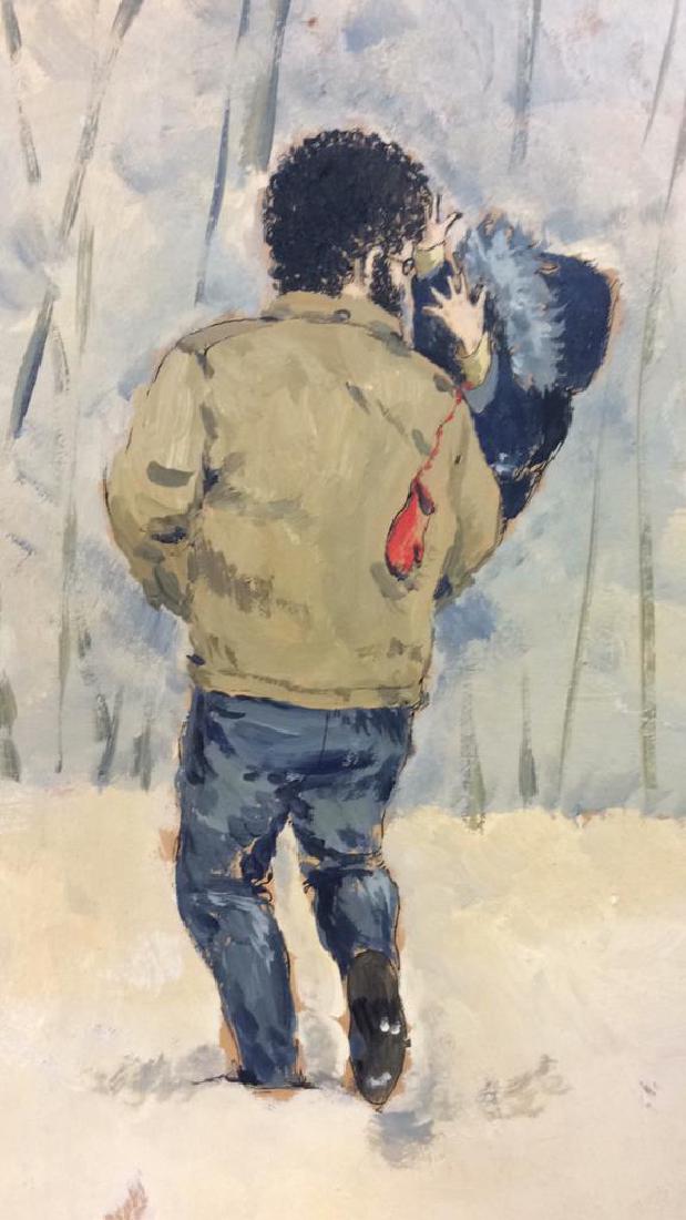 Framed Painting on Board Man&Child in Wooded Scene: Vintage Framed Painting on Board Man and Child in Wooded Landscape. Framed in a cream yellow toned painted wooden frame with burlap style fabric matte. Some minor surface wear and chips to frame and a