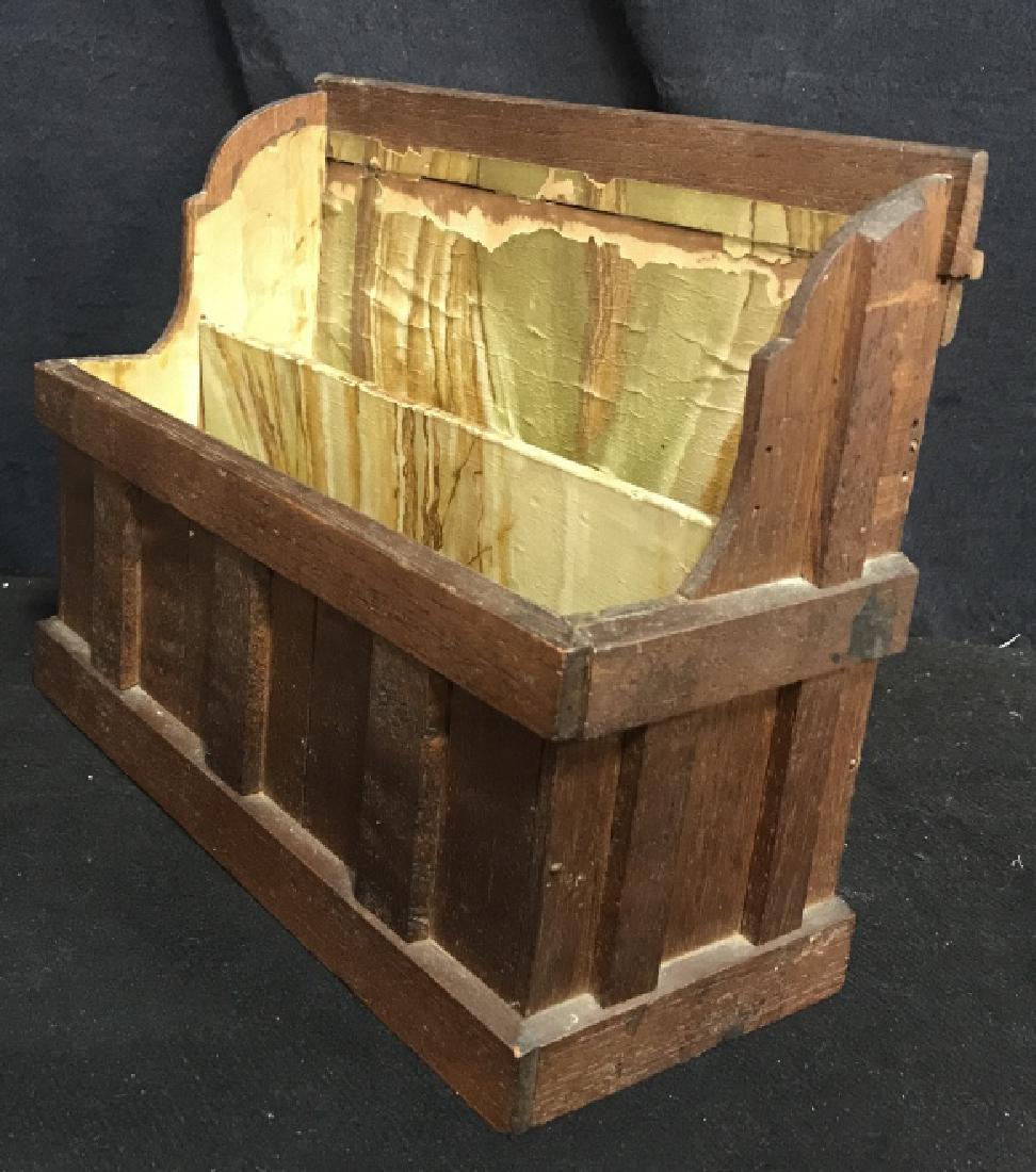 Antique Wood Labeled Letter Box: Antique letter box. Lines with brown and green toned marble paper. Box is wooden and possibly hand carved. Underside is signed by artist. Measures 7.5 inches by 9.5 inches.Underside has illegible labe