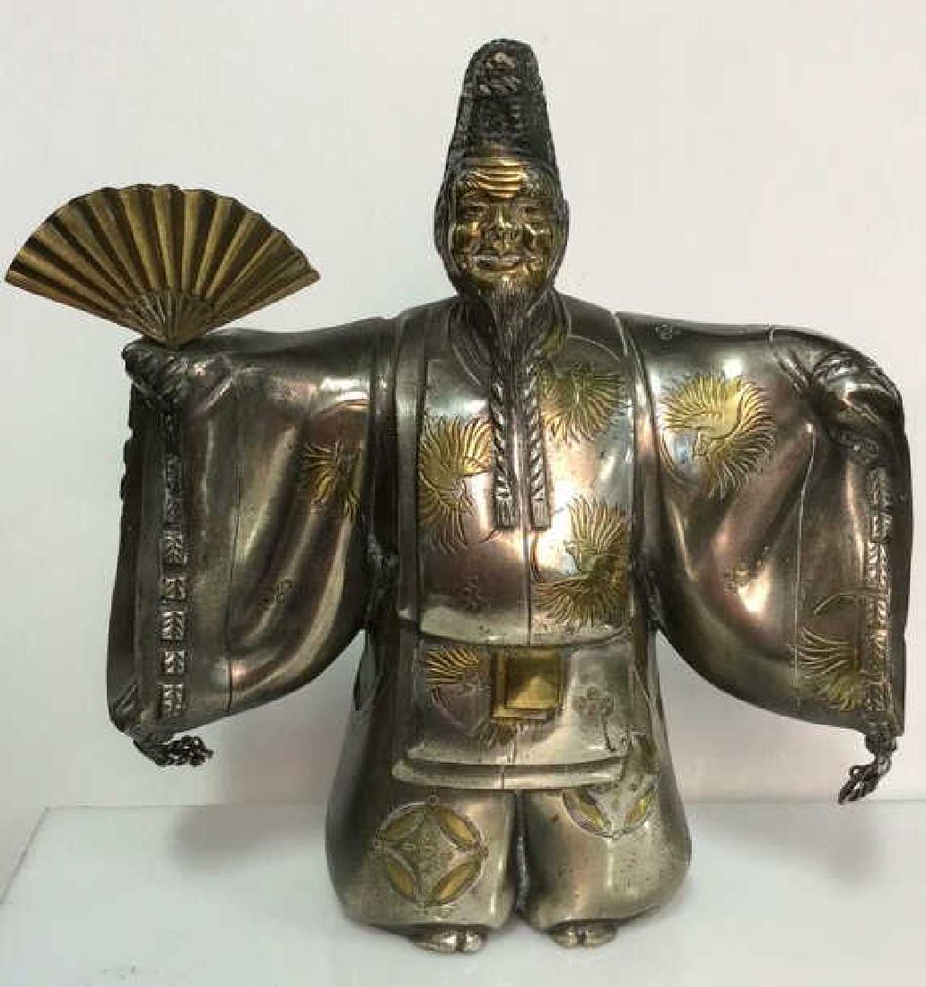 Vintage/Antique Silver Toned Metal Samurai: Vintage/Antique Silver Toned Metal Samurai Figure W Fan. Silver toned and gold toned metal figure elder man with ceremonial robes and detachable fan detail. Measures approx 8 in tall by 7 in long by 2