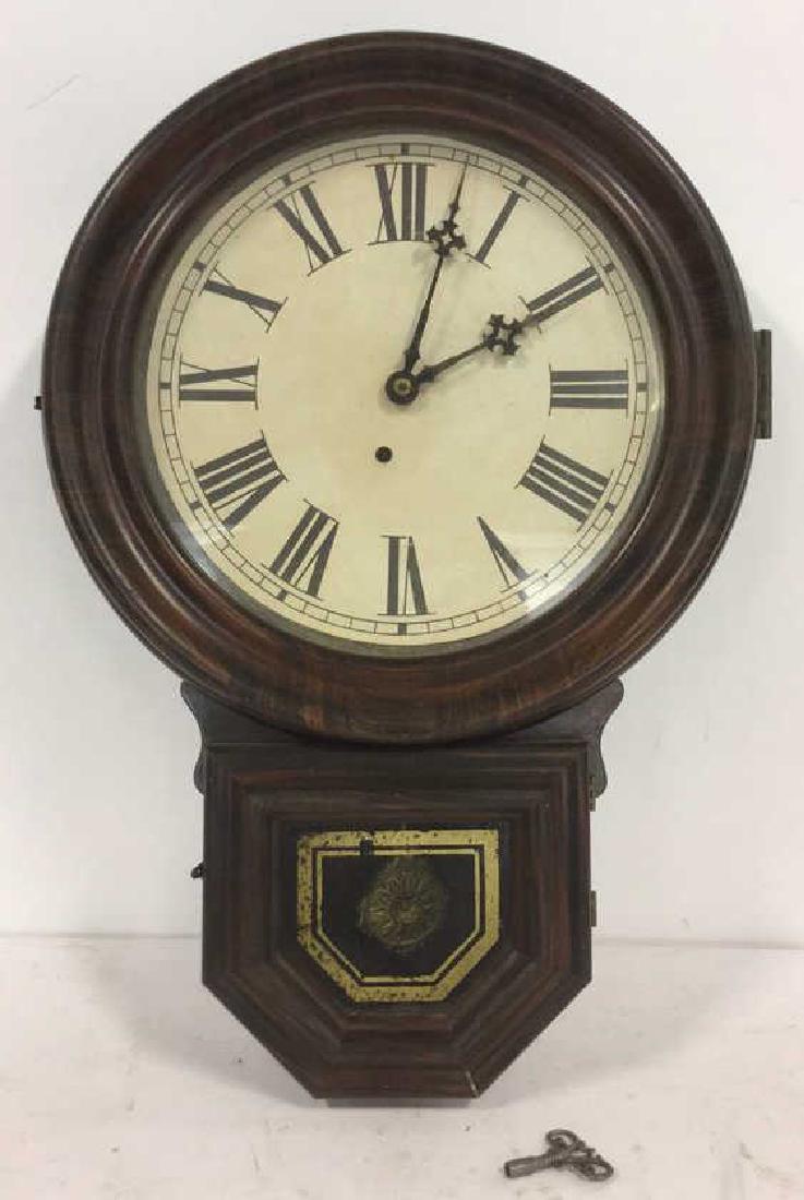 Antique Wall Clock With Winding Key & Pendulum