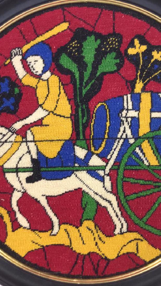 Circular Man On Horse Needlepoint: Needlepoint is circular. Frame is black and gold toned. Depicts a figure riding a horse. Contains tones of green, blue, black, yellow, cranberry. Measures approx 16 inches diameter. Originally created