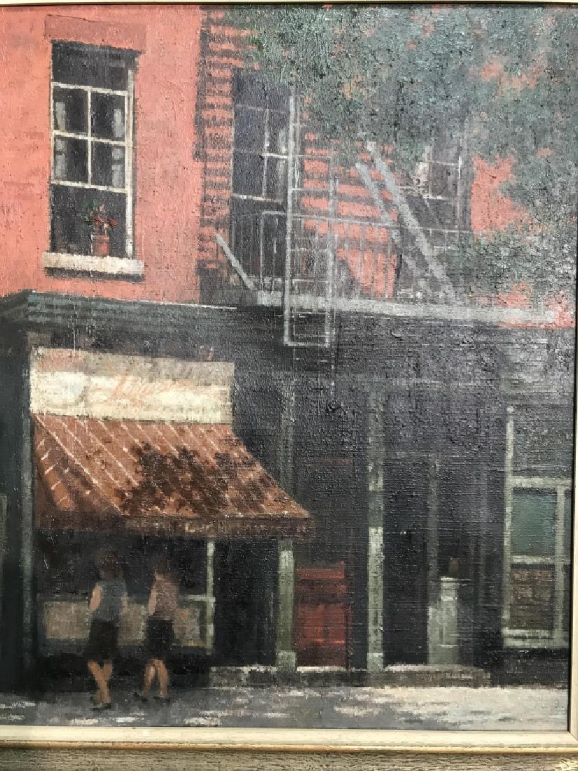 Arthur Mac Lean Store Front Painting on Canvas: Store front painting on Canvas is in gold toned wooden frame. Image depicts a store front, with people figures walking in front. Not inspected out of frame. Frame measures 26 inches by 30 inches. Sign