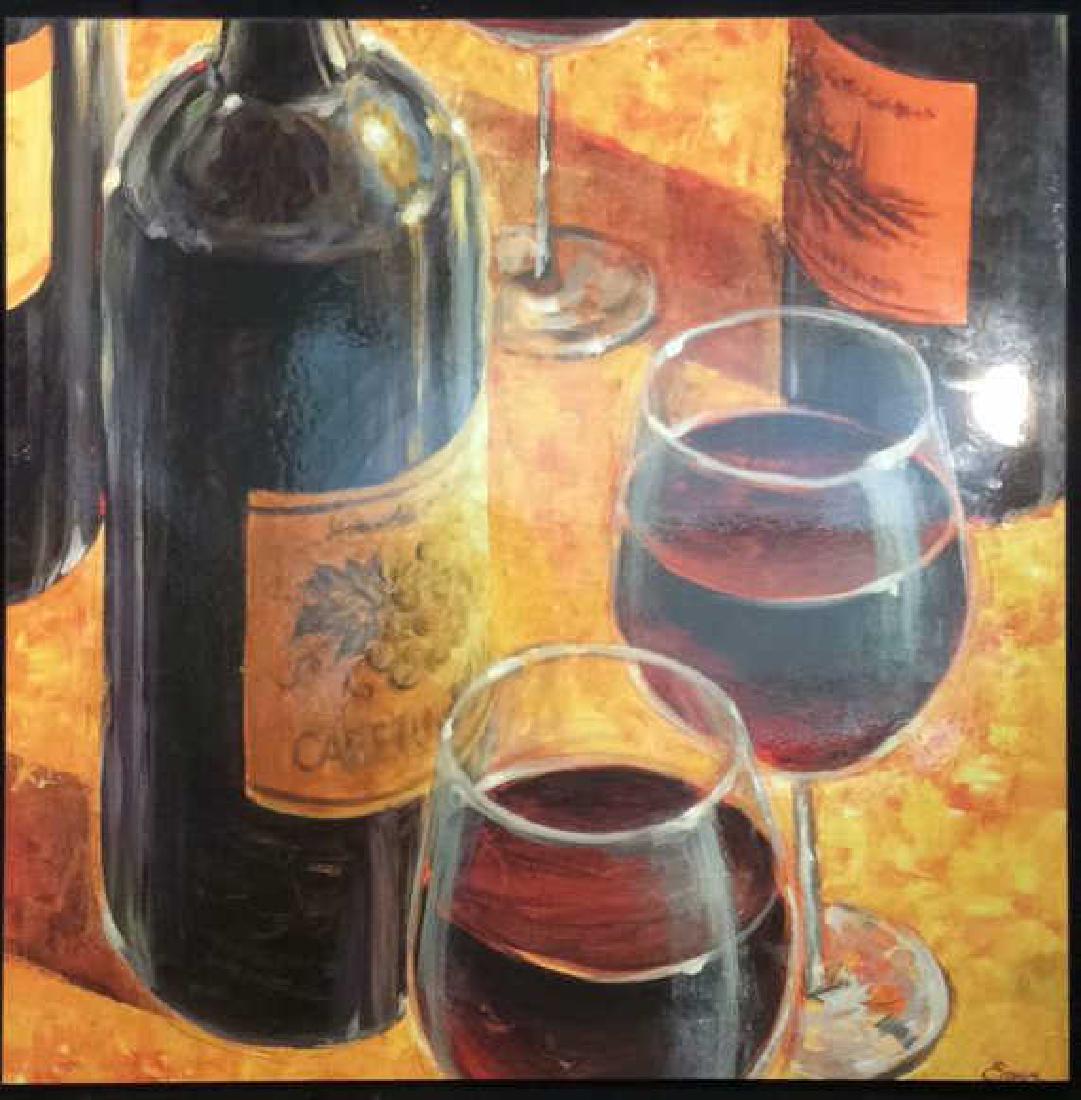 Wall Art Wine Themed Print: Print depicts a still life of various bottles and wine glasses. Contains tones of cranberry, orange, black, white, yellow, and maroon. Wall art, art print. Measures approx 23.5 inches square