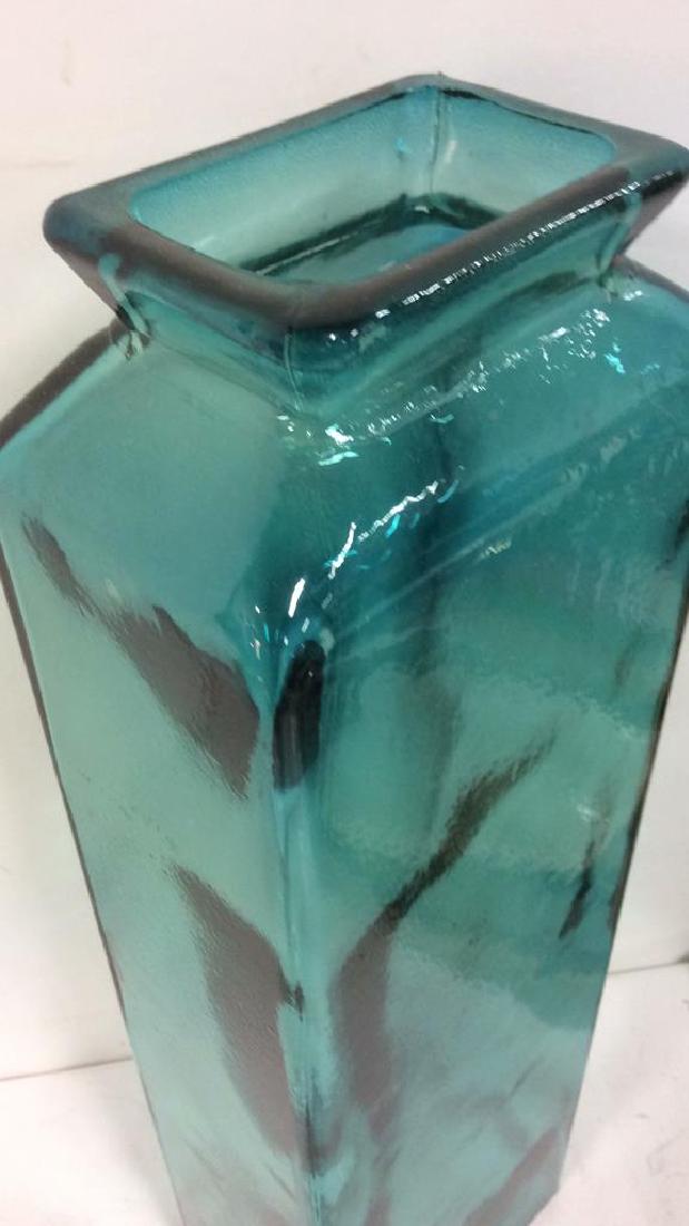 Tall Shaped Aqua Thick Glass Vase: vase, vessel, art glass, teal or aqua toned, thick and speckle, decorative contemporary table top accessory, ht app 17.5 inches