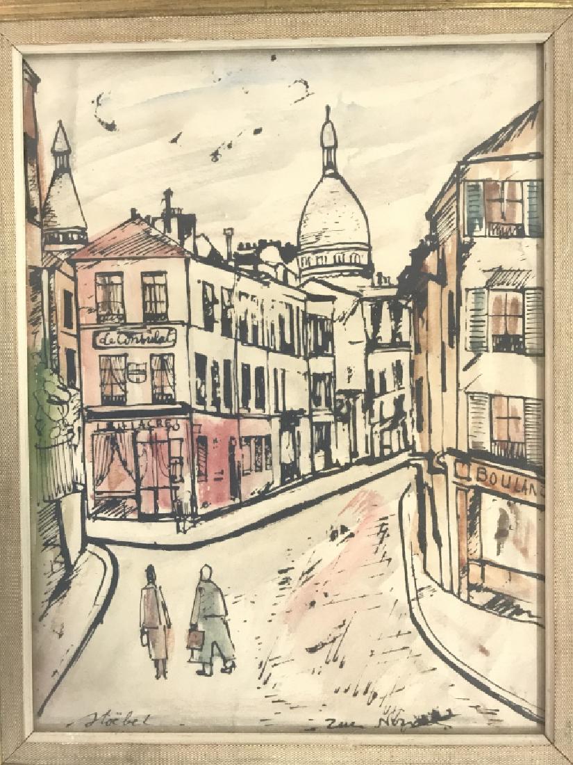 Stoëbel Drawing of Town Street: Signed drawing of possibly a small town street with two figures walking. Possibly pen and paper with water color. Not inspected out of frame. Matted in white fabric and framed in gold toned wood. Fram