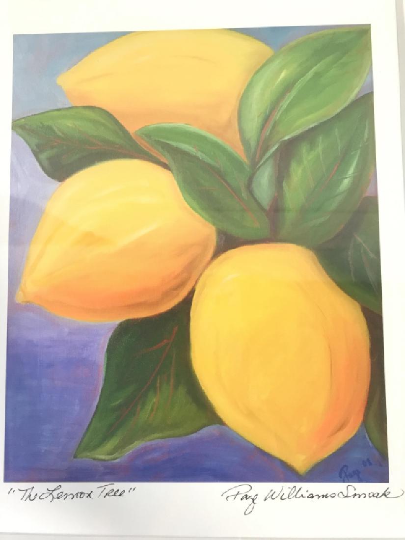 "The Lemon Tree" Paul Williams Smoak Painting: Painting titled "The Lemon Tree" by Paul Williams Smoak. Painting appears to be a lemon tree with a purple and blue toned backdrop. Painting is matted on white paper and framed in natural dark brown t