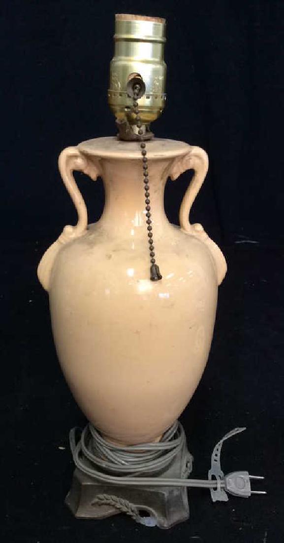 Peach Toned Porcelain jug Handled Lamp: lighting, porcelain, marked underside Tebor 705, measures ht app 12 inches