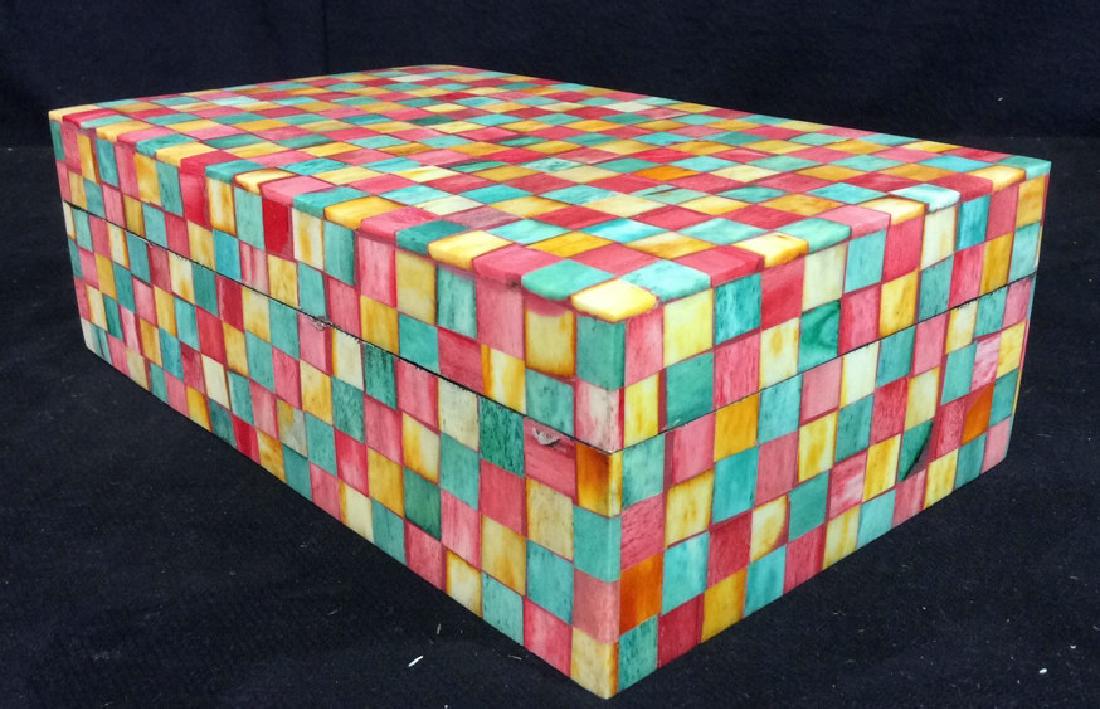 Poss Bone Inlay Lidded Keepsake Box: Poss bone inlay trinket box is multicolored with grid design. Includes red, pink, green, and orange tones. Inside contains black material. Measures approx 3 inches tall x 10 inches wide x 6 inches dee