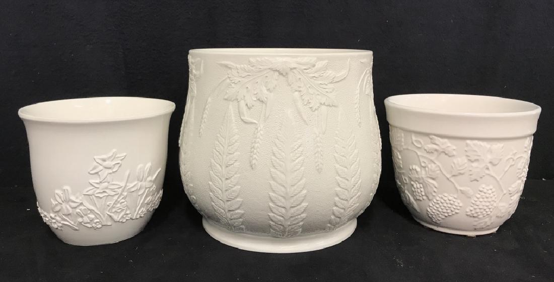 Lot 3 White Ceramic Planter Pots W Raised Design (1 of 6)