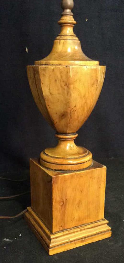 Antique Carved Wood Trophy Form Lamp: trophy form on rectangular base, vintage possibly antique, double light, measures to glass top app 31 inches ht, base app 6 inches square, some wear cracks to wood, property of Bedford New York Estate