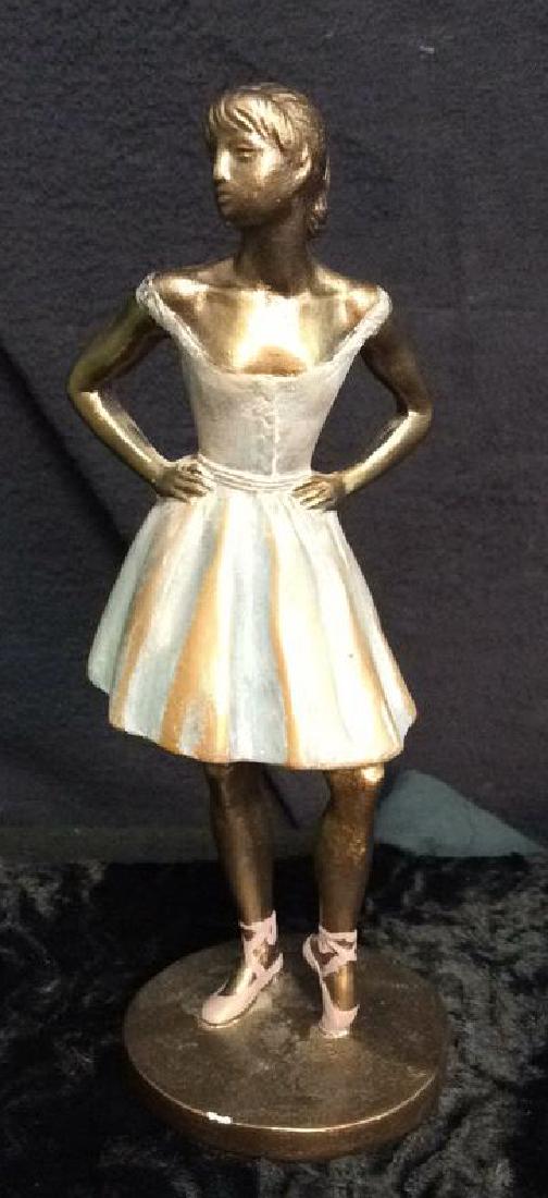Signed Possibly Bronze Ballet Girl Sculpture: Sculpture is possibly bronze, sigtaure illegible. Hand Painted ballet stature. Girl in Bronze and Light blue toned dress, ballet slippers. Measures 3 inches by 8.5 inches.