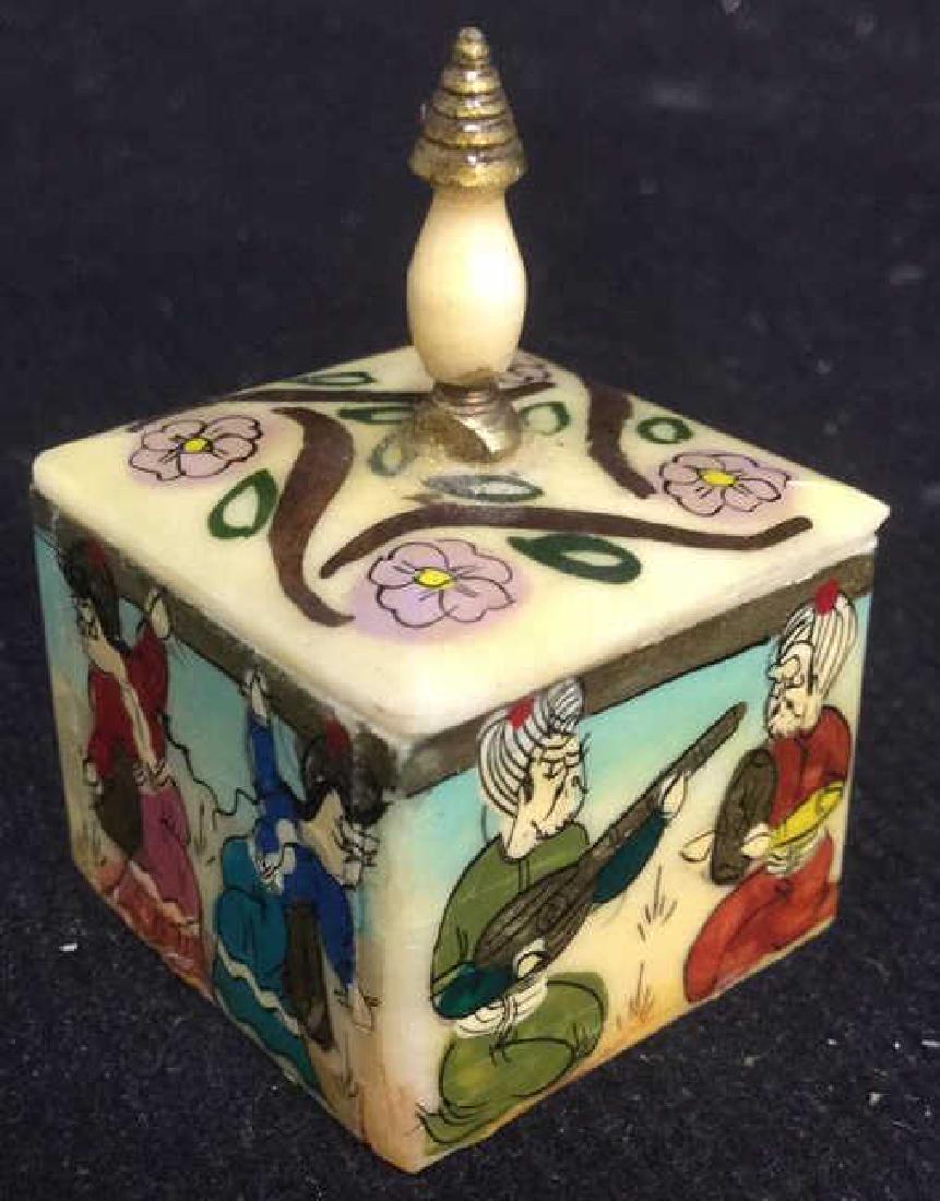 Hand Painted Lidded Bone Pill Box: asian figures dances and ceremonial lidded pill box, measures ht app 2 inches