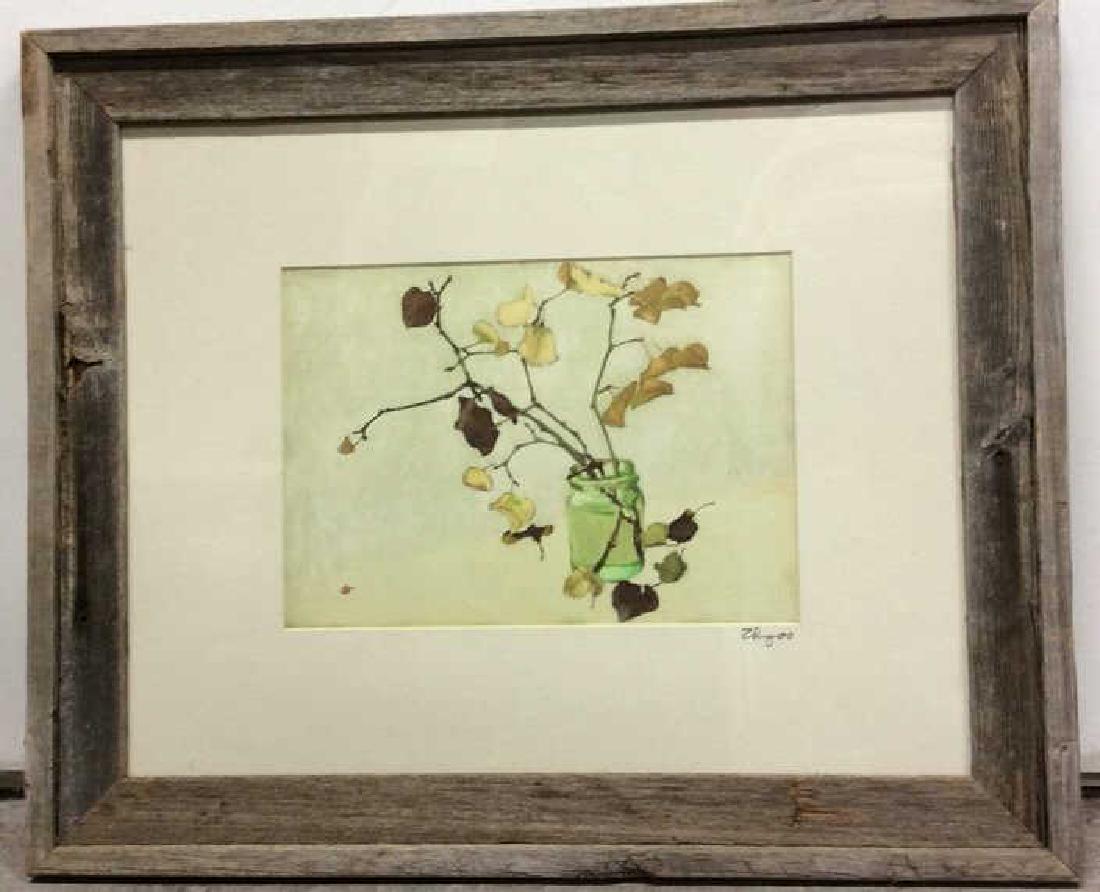 Art Print Branch Still Life Signed on Matte: Art Print Branch Still Life Signed on Matte. Art print depicting painting of leafy branches in jar against light green toned backdrop. Frames in an unfinished wooden frame with white toned matte. Appe