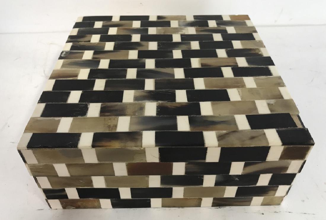 Decorative Inlaid Checkerboard Box: Made in India, possibly bone, possibly shell, tones of cream, beiges and browns, delineation of inlay noticeable, keepsake Box, document box, decorative table top accessory, measures app 4 inches ht T
