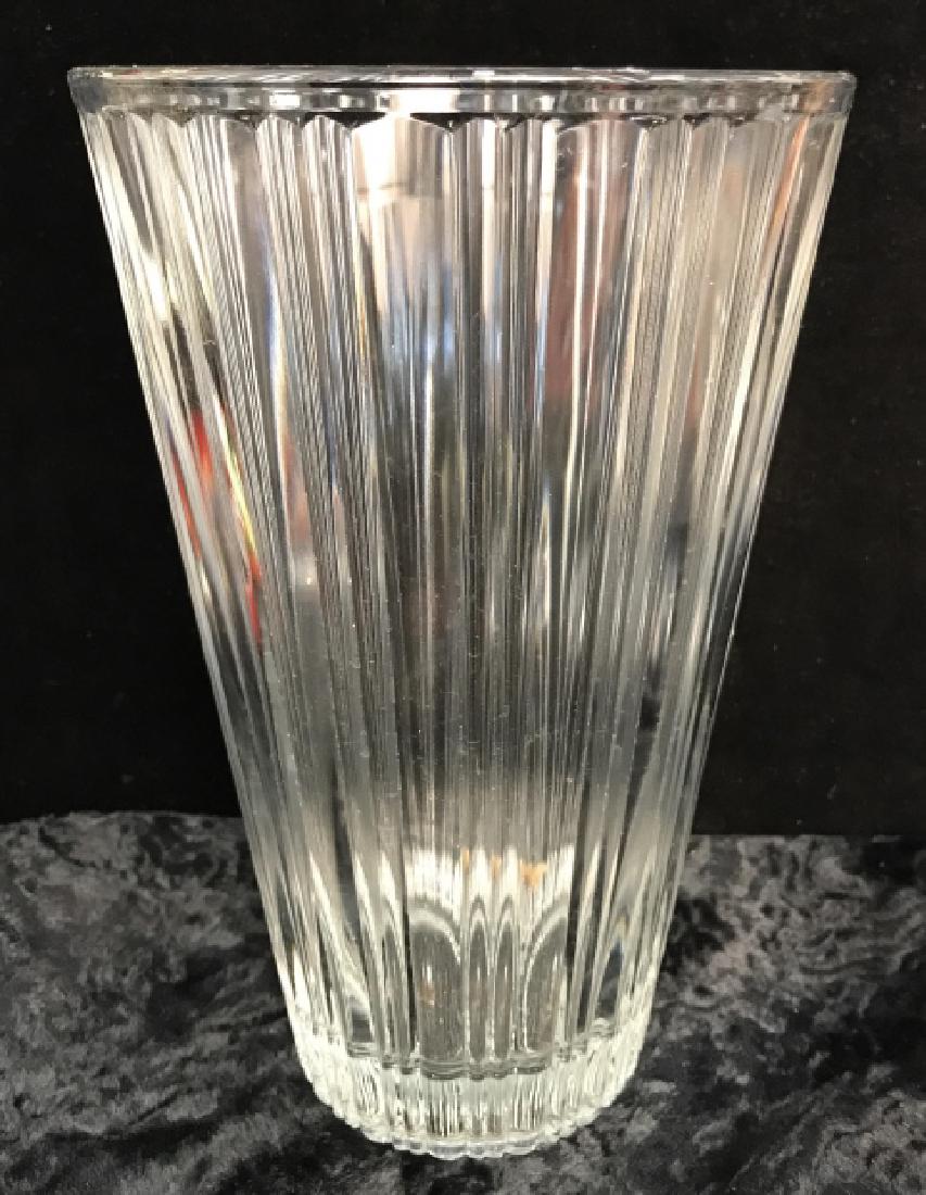 Vintage Crystal Vase Made in USA: Numbered underside and marked for USA, crystal vase with vertical ridged striping, measures ht app 9.5 inches diameter app 6 inches, other writing under side illegible