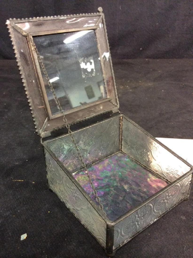 J. Declin Stained Glass Trinket Box: stained glass Soldered hand made trinket box with hinged lid, original card with artist information, etched floral designs, multi colored glass base, measures ht 2.5 inches, length 4 inches, width app