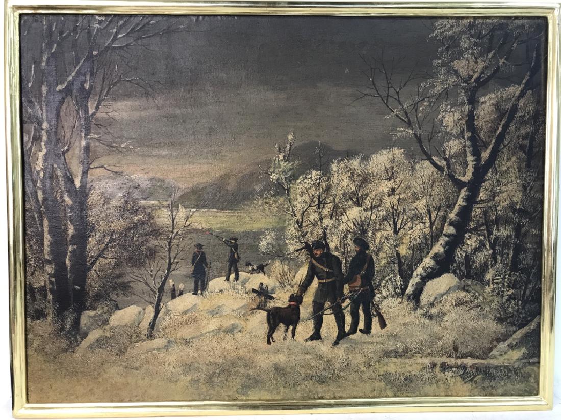 Vintage Signed Russian Oil on Canvas Painting: Illegibly signed oil on canvas painting depicts four soldiers, one firing a rifle while the others hold rifles in their hands. They’re accompanied by two dogs in a clearing of trees near a body of w