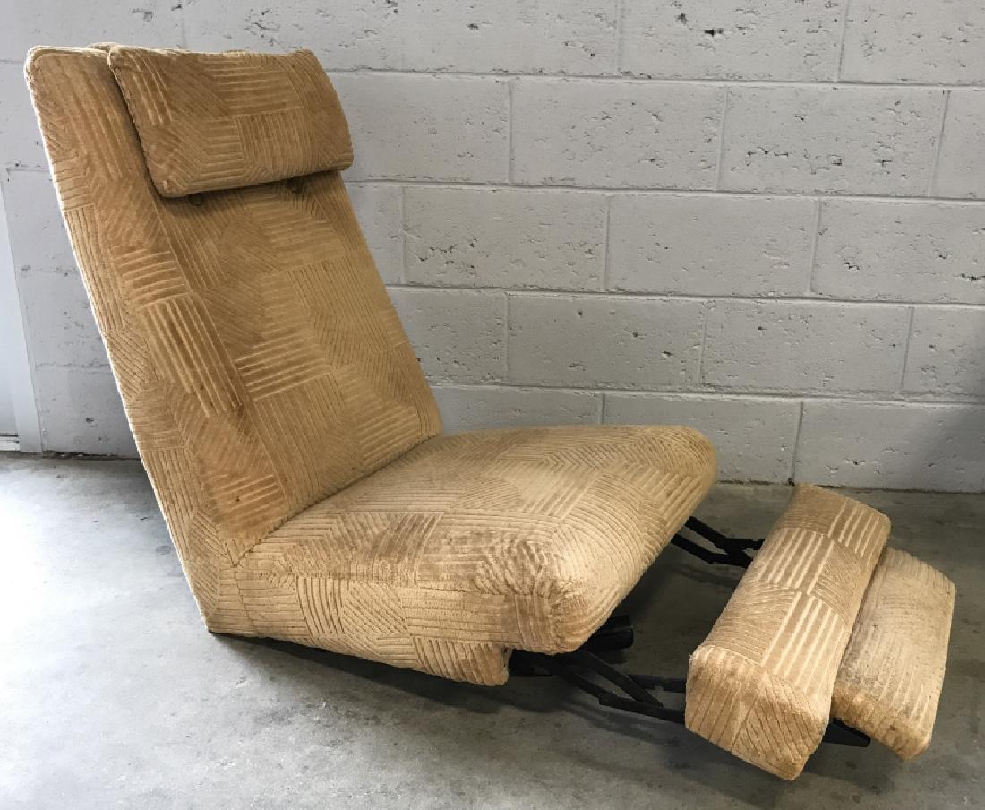 Mid Century ModernHigh Back Recliner Without Base: Mid Century ModernHigh Back Recliner Without Base Fabric upholstery, retro textured patterned fabric, tan toned, recliner chair, missing base. Some minor surface wear to fabric including minor tears a