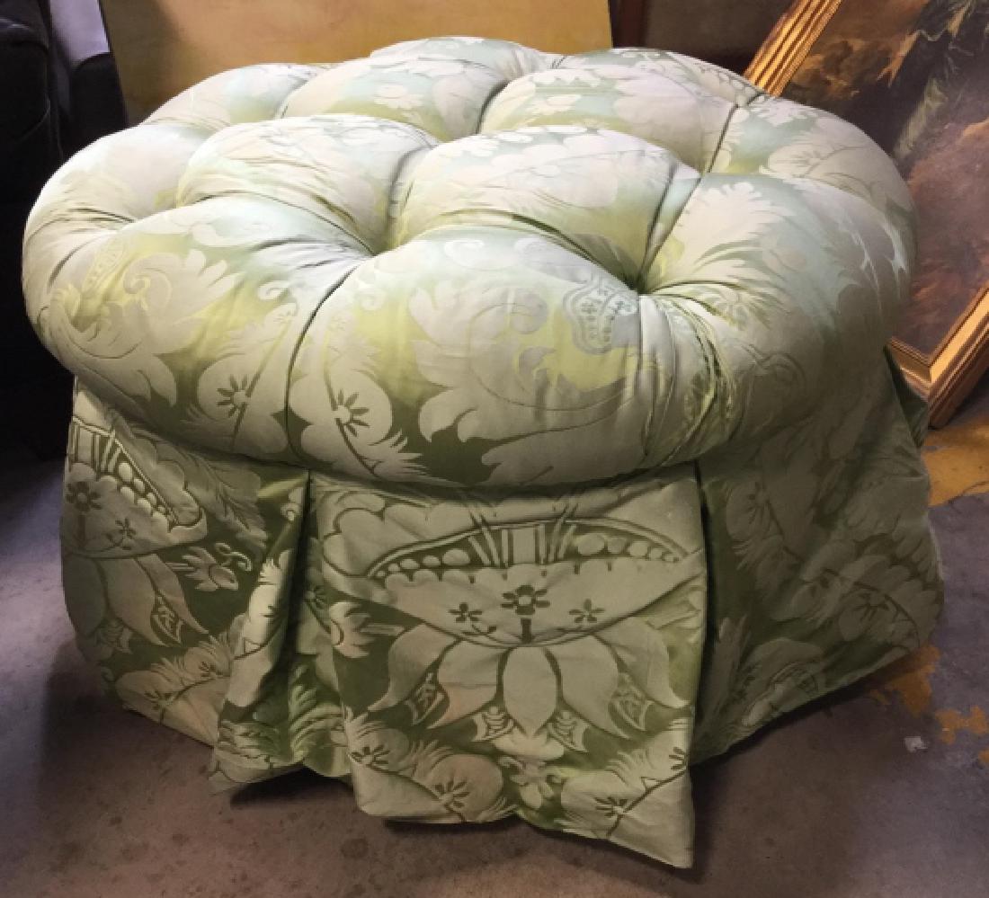 Circular Green Silk Upholstered Tufted Ottoman (1 of 8)