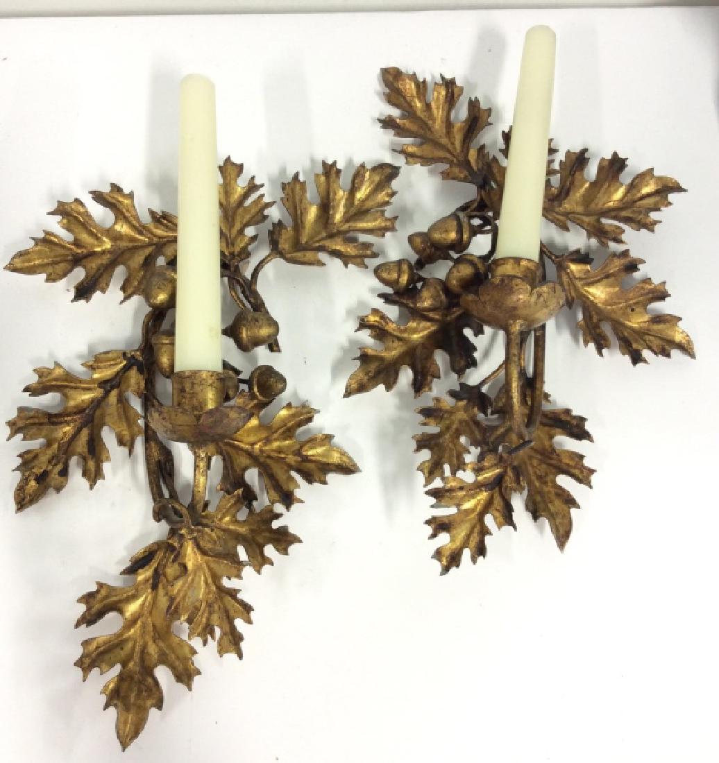 Paint GIlt Metal Oak Leaf Candle Wall Sconces: Paint GIlt Metal Oak Leaf and Acorn Candle Wall Sconces. Gilt metal, gold toned finished metal, oak leaf form with acorn cluster details, candleholders, wall sconces. Some surface wear to finish. Meas