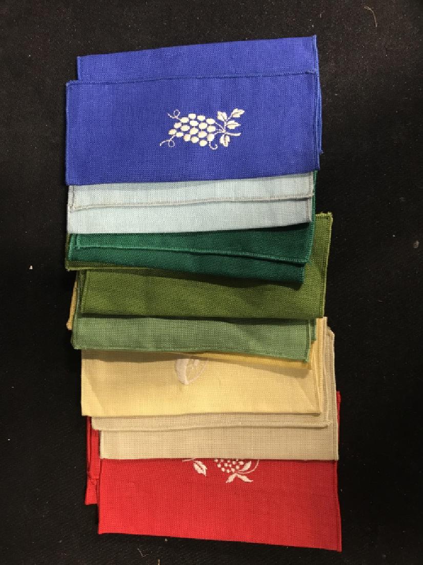 Rainbow Embroidered Napkin Group Lot: Group Lot 10 pieces. Colors red, orange, yellow, green, blue, And light blue toned. Napkins measure 8 inches by 6 inches.