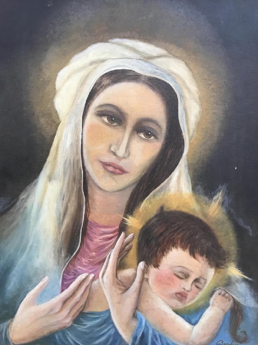 RITA BARBIERI MADONNA & CHILD Oil On Canvas: Backside has rag which reads RITA BARBIERI MODONNA & CHILD. Piece is signed on lower right corner. Depicts a mother & child. Piece is professionally framed with gold toned frame. Measures approx 36 in