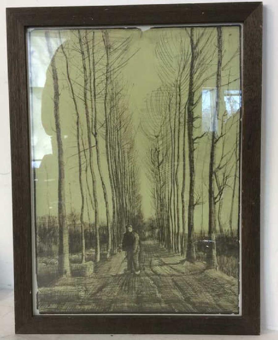 Vintage Framed Tree Scape Art Print: Depicts men walking in the woods. Print is Professionally framed with wooden frame. Measures approx 21 inches tall 17 inches wide. Print Seems to be torn in some areas. Has not been inspected outside