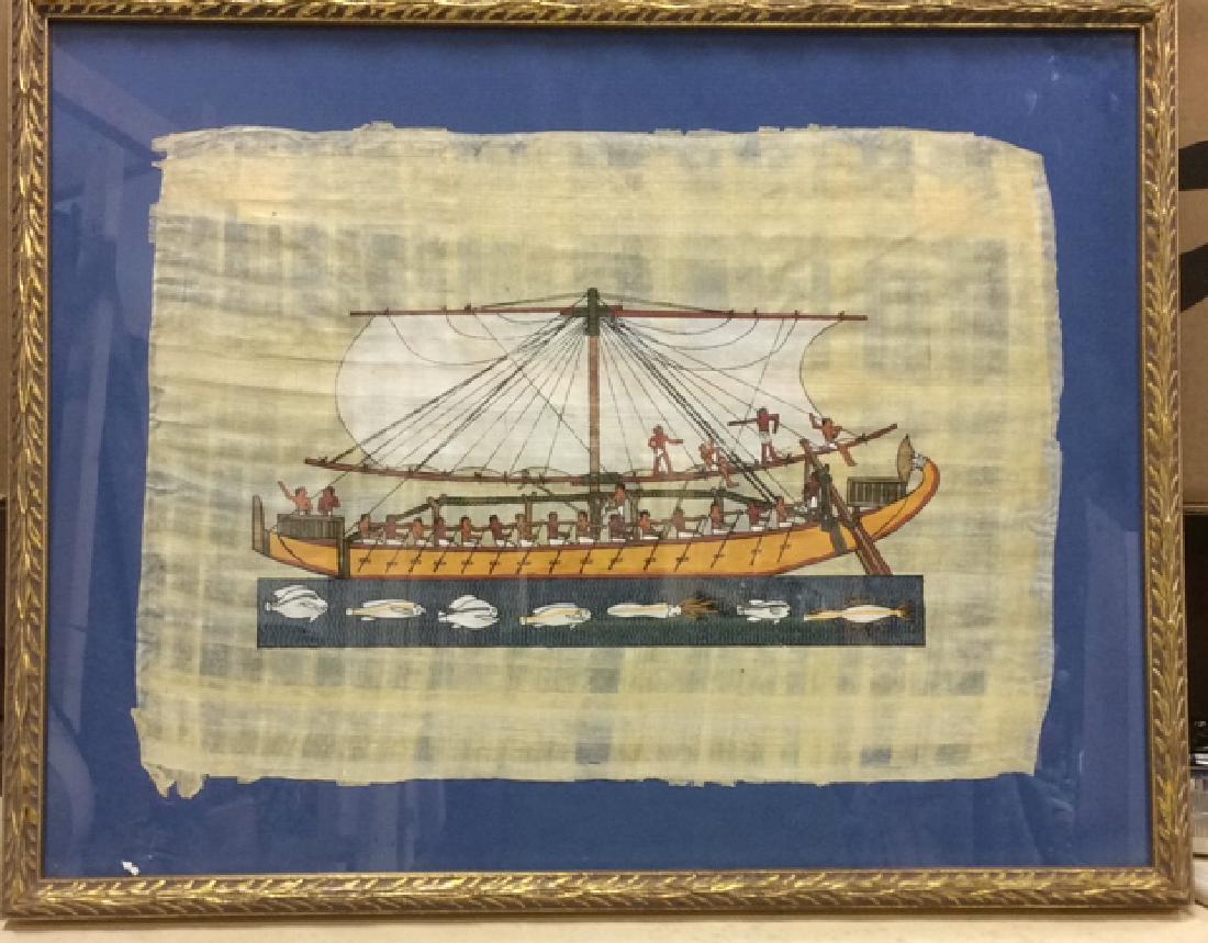 Papyrus Painting Sailboat with Human Figures: Painting depicts men working a sailboat and paddling with oars. Below boat is painted fish and sea creatures. Not signed. possibly papyrus paper. measures 16.5 by 13 inches. not inspected out of frame