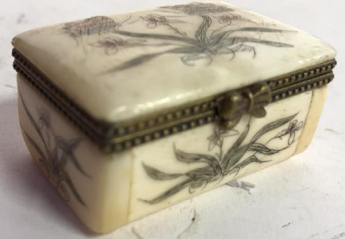 Painted Bone Hinge Lidded Pill Box: Metal hinged lid, painted floral design, Bone pill box, measures app 1 inch ht by length 2 inches, depth 1.5 inches