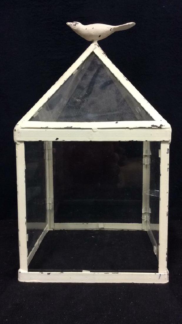 Glass and Metal Display Box Terrarium: Glass and Metal Display Box Terrarium. White toned weathered style painted metal frame with glass panel sides, bird figural topper. No bottom panel, display box plant terrarium, home decor. Measures a