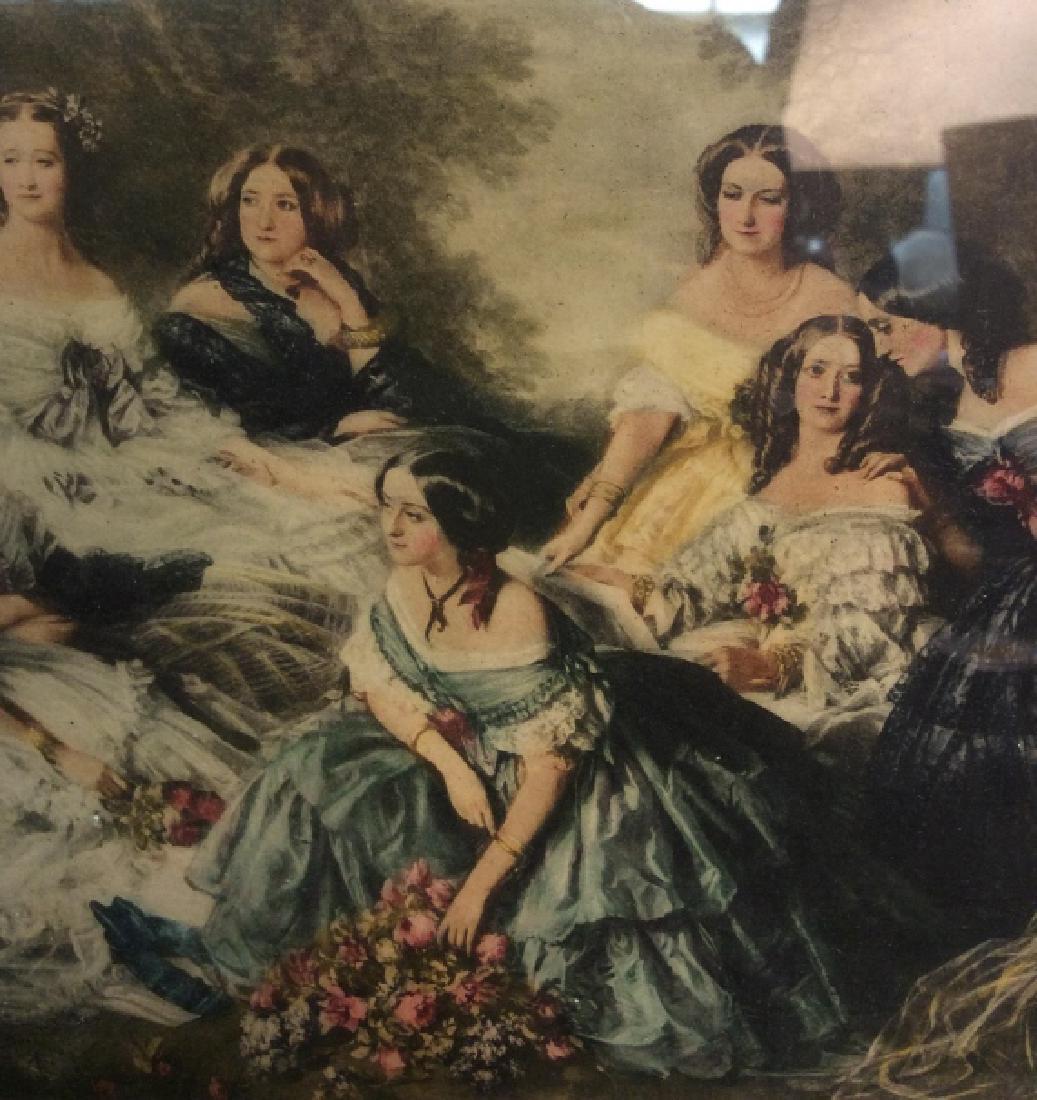 FRANZ XAIVER WINTERHALTER French Print Artwork: French print artwork by Franz Xavier Winterhalter is titled L'IMPÉRATRICE EUGÉNIE ENTOURÉE DE SES DAMES D'HONNEUR. Print depicts a circular of women in dresses in nature. Contains a gold toned wood