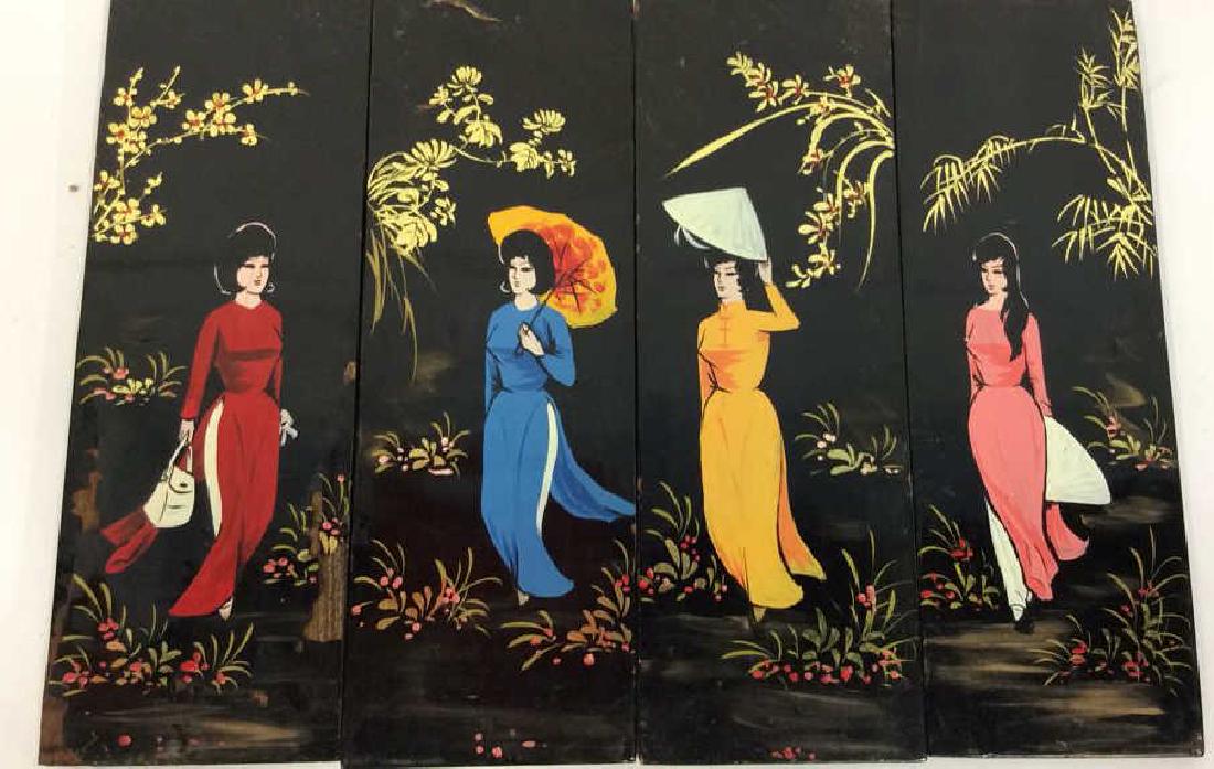 Set 4 Lacquered Asian Wood Art Plaques (1 of 13)