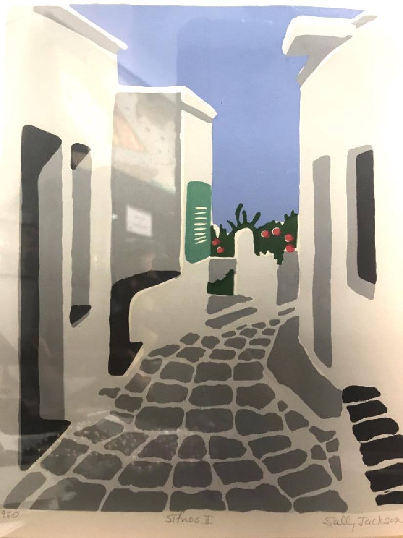 SALLY JACKSON SIFNOS II Poss Litho: Piece is signed and marked SALLY JACKSON SIFNOS II 1980. Appears to depict a Greek alley way. Piece appears to be a lithograph. Has not been inspected outside of frame. Piece is framed with Silver ton