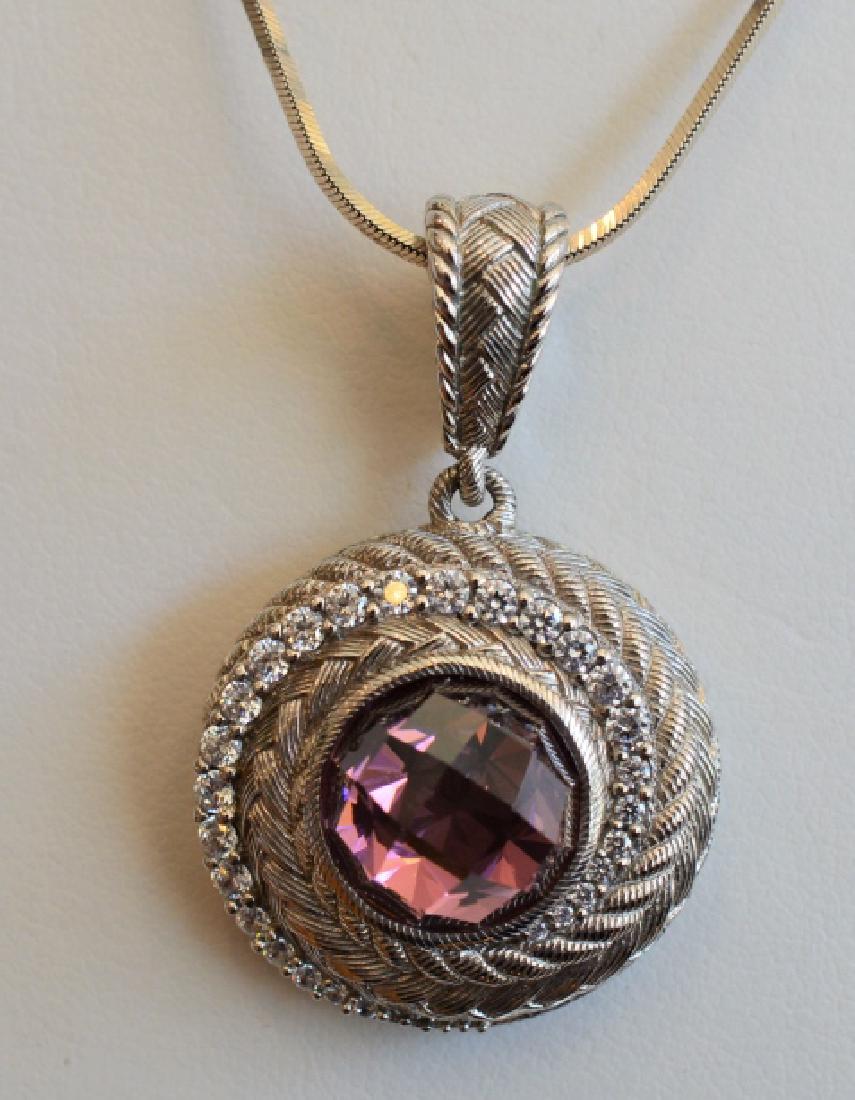 Judith Ripka Sterling & Purple Topaz Enhancer Pend: .925 sterling silver necklace enhancer with faceted 12 mm purple topaz; chain not included, vintage jewelry, designer jewelry, estate jewelry