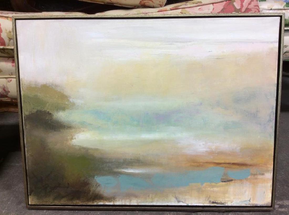 Joan Badner Abstract Pastel Palette Painting: Joan Badner Abstract Pastel Palette Painting. Appears to be titled ‘On The River I’ Framed in minimal black and silver toned frame, painting on canvas attributed to Joan Badner, signed by artist. 