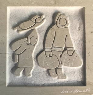 David Bennett Inuit Relief Sculpture: Relief sculpture by David Bennett is on a square stone poss Marble tile and is titled The Homecoming. The figures in the sculpture appear to be carrying objects in their hands and on their back. Conta