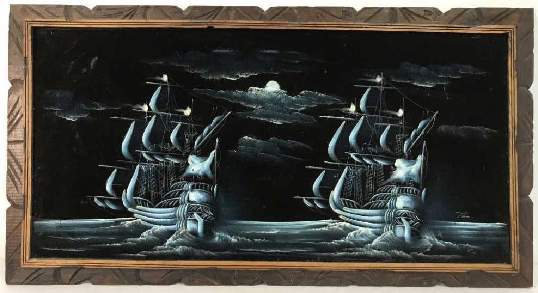 Signed Night Time Nautical Painting: Painting appears to be signed on right side. Depicts 2 ships sailing at night. Piece is professionally framed with carved wooden frame. Measures approx 49 inches long 26 inches tall.Nautical painting,