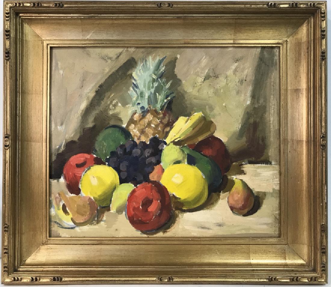 Framed Painting Of Fruit On Canvas: Painting despicable an arrangement of fruit on a table. Includes depiction of pineapple, grapes, bananas, apples,lemons. Piece is professionally frame with gold toned frame. Measures approx 32 inches 