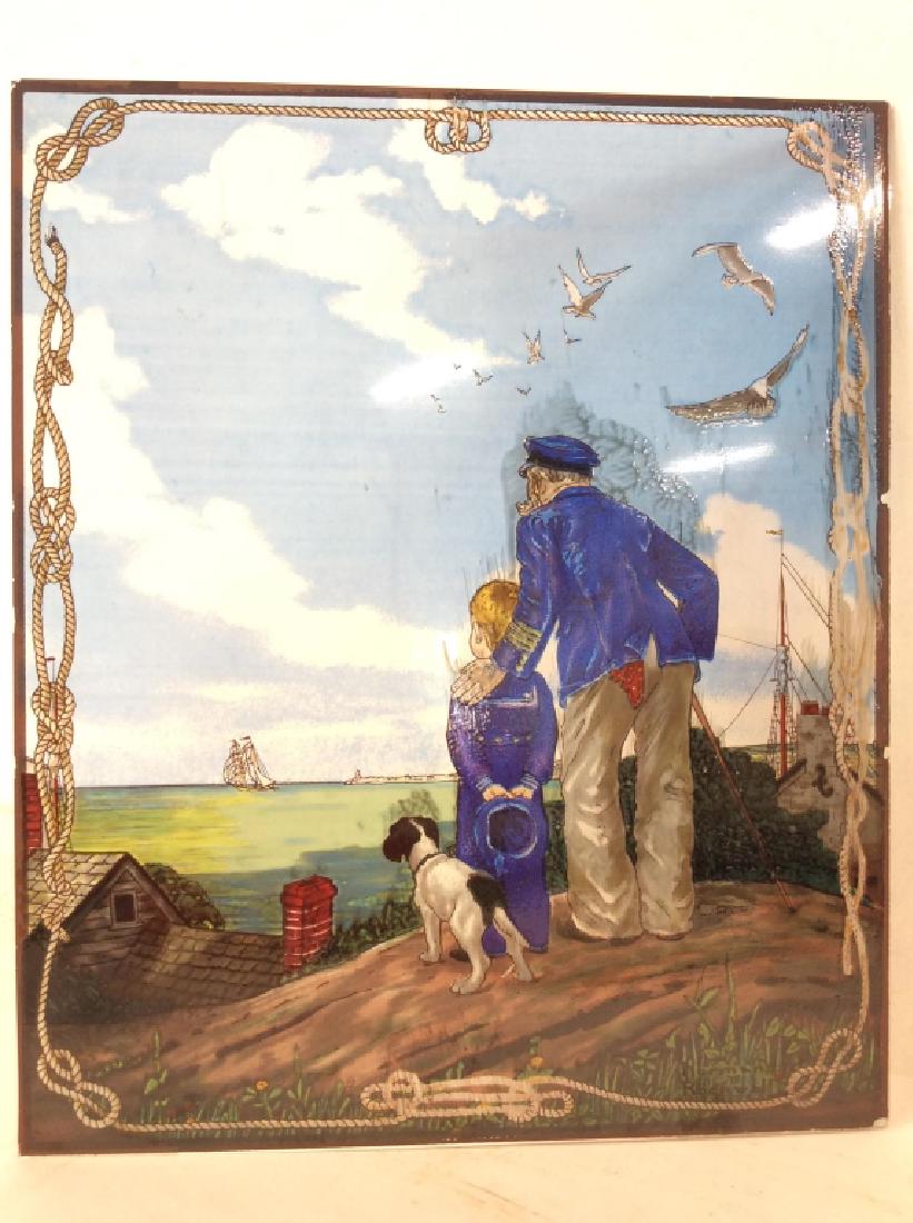 Norman Rockwell Stained Glass Art Reproduction: Norman Rockwell Stained Glass Art Reproduction. Artwork on glass panel, reproduction of “Looking Out To Sea’ Painting by Norman Rockwell. Some surface wear including minor chips on edges. Measures