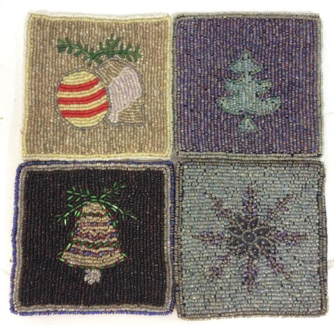 LOT 4 Vintage/Antique Handbeaded Holiday Coasters: LOT 4 Vintage/Antique Handbeaded Holiday Coasters. Four possibly hand beaded, handcrafted cloth backed coasters depicting holiday decor, holiday tree, and snowflake design motifs. Each coaster measure
