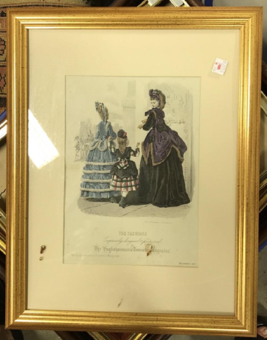 Antique Fashion Engraving: Etching or engraving, possibly hand colored, gold leafed wood frame, from the English Woman's Domestic Magazine, Paris fashions, December 1870, measures app 18 by 14 inches