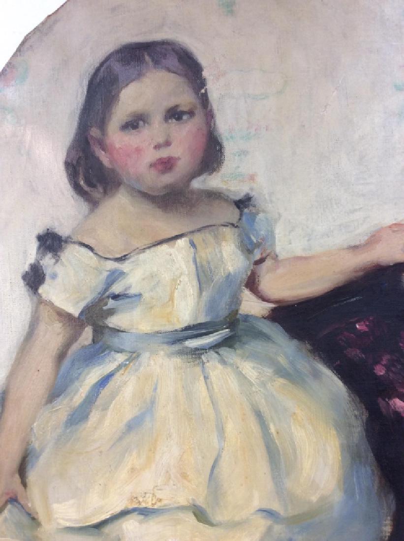 Vintage/Antique Painting of Young Girl: Vintage/Antique Painting of Young Girl. Oil painting on oval canvas, unframed. Oil painting of young girl in white dress. Some evident wear. Measures approx 24 in tall by 20 in wide.