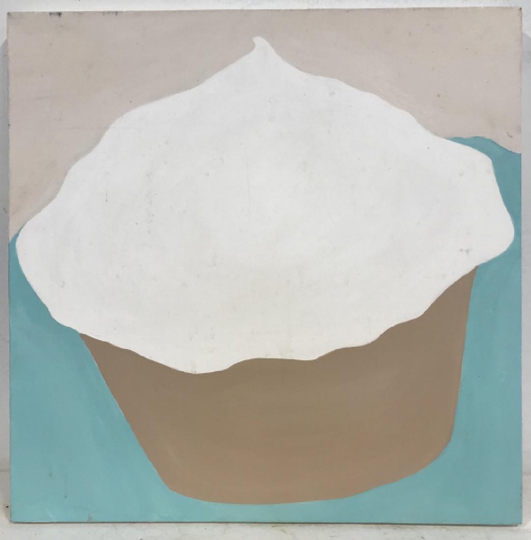 Cupcake Painting On Canvas: Painting appears to depict a cupcake. Has tones of white, aqua, and tan. Measures approx 24 inches square. Canvas art, wall art, home decor, home accessories.