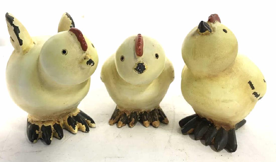 Lot 3 Yellow Toned Baby Chicken Figurals: Chicken Figurals are yellow toned. All have some paint wear. Each are in unique positions. Each measures approx 4 inches tall and deep 3 inches wide. Animal figural, farmhouse decor, home accessory, t